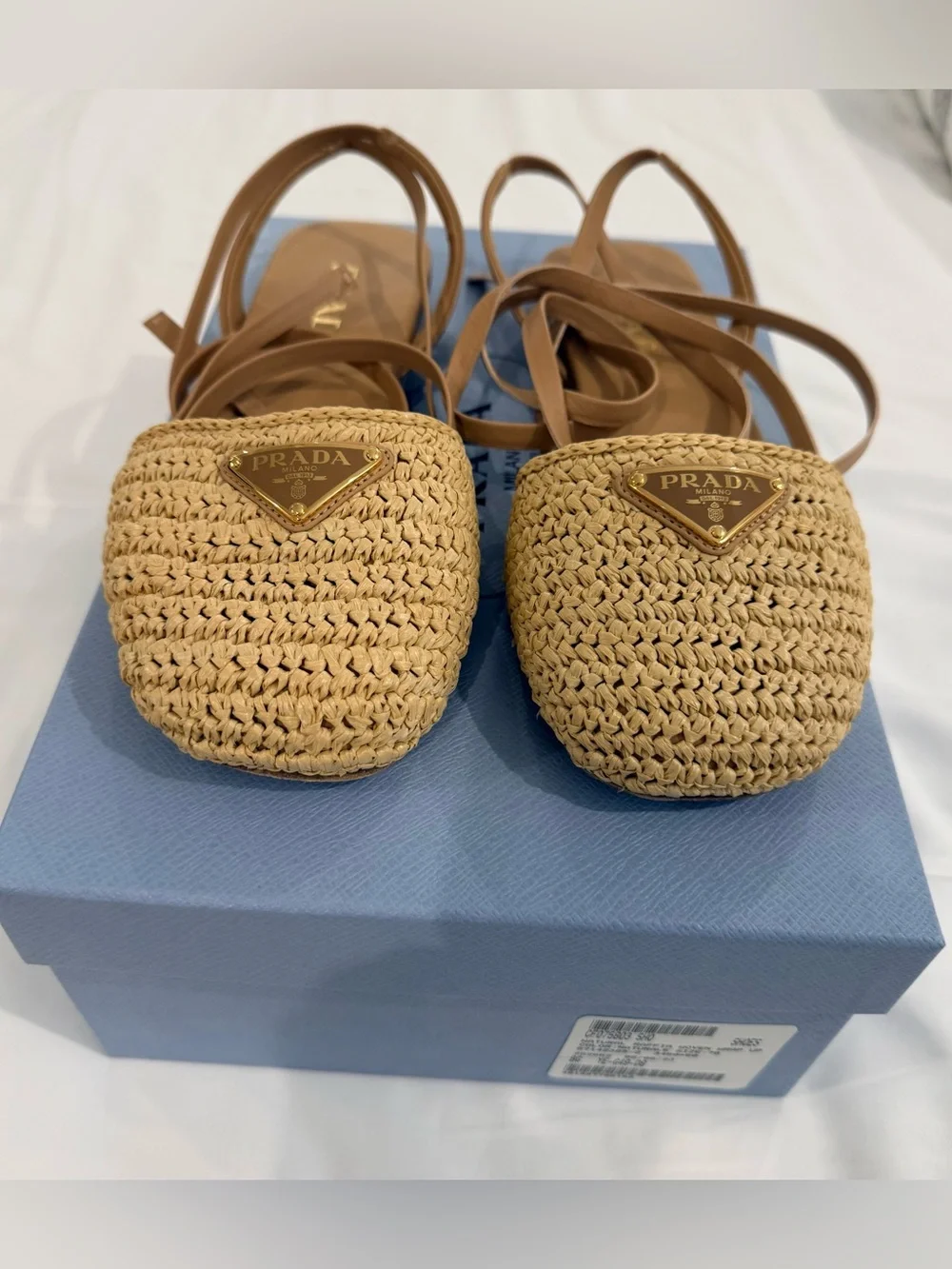 Prada Raffia Woven Wrap Up Sandals